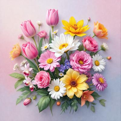 The primary subject of the image is a bouquet of flowers, which are the main objects in the scene. The flowers are arranged in a vase, creating a visually appealing display. The setting is a white background, which provides a clean and minimalist look to the image. The visual style is a close-up of the flowers, showcasing their details and colors. The bouquet consists of various types of flowers, including pink and yellow ones, which contribute to the overall mood of the image, which is bright,